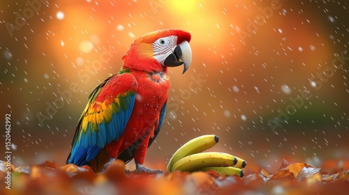 Exotic scarlet macaw amidst golden hues and gentle snow flurries atmosphere