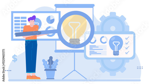 Man holding a magnifying glass over a lightbulb, examining closely. Concept of innovation, research, creativity. Suitable for business presentations and educational materials.