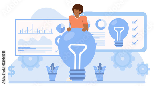 Man standing on top of a giant light bulb, representing creativity, innovation, bright ideas. Suitable for energy saving products, technology concepts.