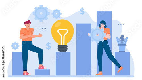 Man and woman holding idea and gear, teamwork concept. Suitable for business, technology, innovation, teamwork, and creative collaboration designs.
