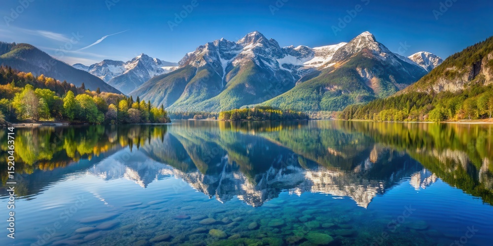 Naklejka premium Reflections of Mount Triglav on calm Lake Bohinj water, wilderness, Triglav, wilderness