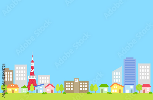 青空　市街地　背景　イラスト