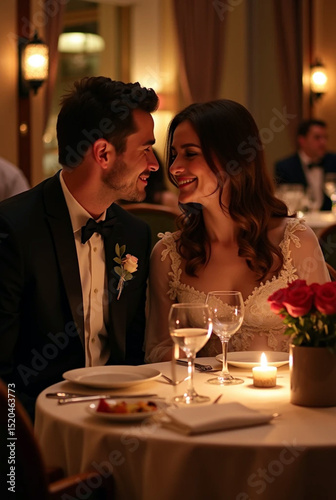 Romantic couple dining candlelit restaurant intimate date night