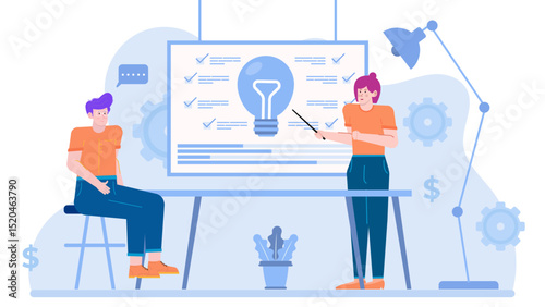 Two people analyzing a whiteboard with a light bulb sketch. Great for brainstorming, idea generation, collaboration, business planning concepts.
