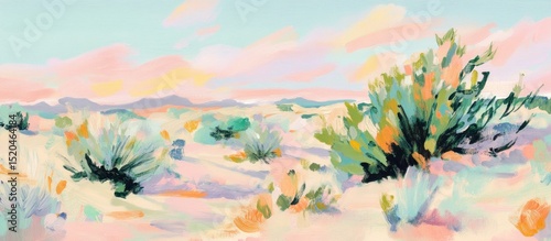 Gouache painting of a desert at dusk with bush on fire in impressionist style, with painterly brushstrokes and colorful pastel