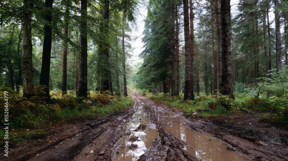 Fototapeta premium A muddy road through a dense forest.