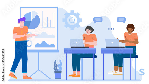 Man presenting a business plan to clients, suitable for presentations, business pitches, financial reports, corporate communication, teamwork visuals.