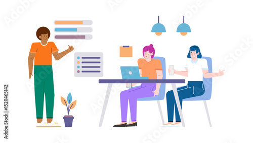 Presentation scene with man, two women. Suitable for business, team, diversity, collaboration concepts in presentations, websites, social media.