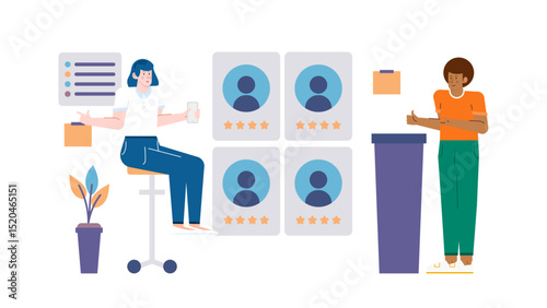 Two people giving a five-star rating to a product. Suitable for social media, reviews, feedback, marketing, consumer behavior themes.