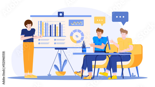 Presentation with three men in a meeting. Suitable for business, communication, teamwork concept designs, websites, presentations, and business blogs.