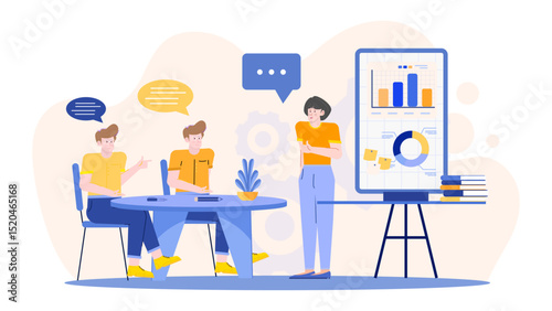 Woman presenting charts to two men, discussing business strategy or financial data in a meeting. Suitable for presentations or articles on teamwork.