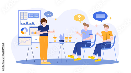 Three people engaged in a discussion about a presentation, suitable for business concepts, teamwork, communication, and collaboration visuals.