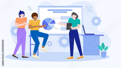 Woman showing pie chart to colleagues, teamwork, business presentation, data analysis, office meeting, professional collaboration, corporate discussion, financial strategy planning.