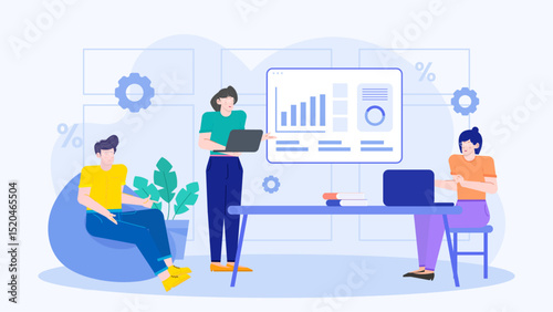 Three people discussing business in an office. Suitable for presentations, blog posts, and social media content related to teamwork and collaboration.