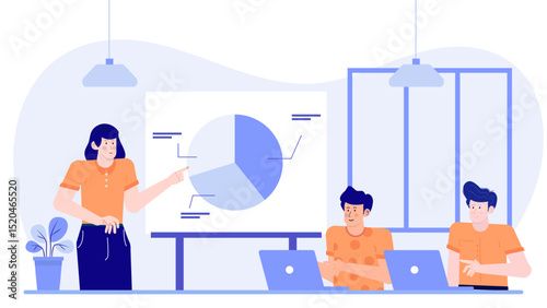 Woman presenting pie chart to two men in business meeting. Suitable for finance, communication, teamwork concepts in presentations or articles.
