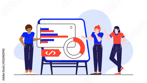 Three individuals studying data represented by a graph and pie chart. Ideal for business, finance, teamwork, analysis, reports concepts.