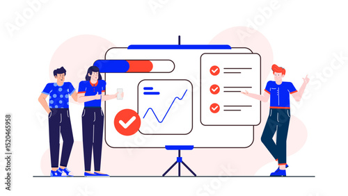 Ideal for business presentations and teamwork concepts, showing three individuals discussing and presenting a project plan in a meeting setting.