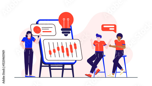 Three people brainstorming in a meeting. Suitable for business presentations, teamwork concepts, brainstorming sessions, collaboration, and group discussions illustrations.