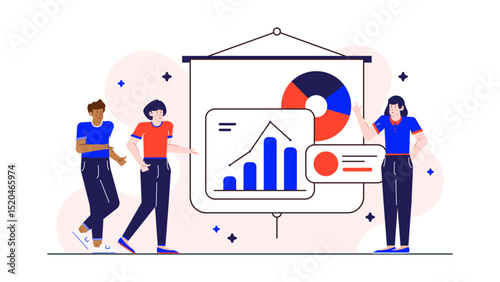 Three individuals displaying a visual representation of data with a chart and pie graph, suitable for business presentations or financial reports.