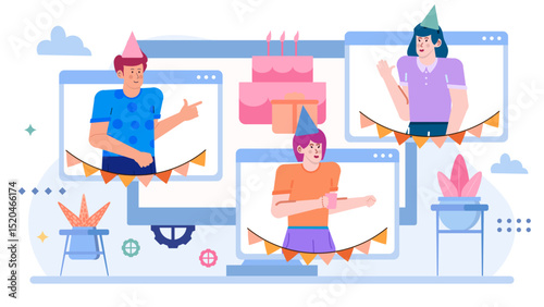 Three people celebrating a birthday online, suitable for virtual party invitations, social media posts, website banners, and digital celebrations.