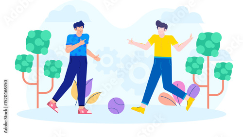 Two men playing ball near trees, perfect for summer activities, recreation, sports, friendship, outdoor fun, park scenes, leisure concepts.