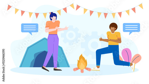 Two people enjoying a cozy campfire outdoors at night. Perfect for outdoor adventure, camping, leisure, friendship, and relaxation concepts.