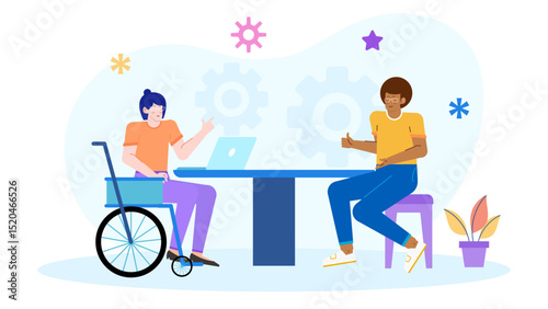Two people at a table with a laptop, working remotely on a project. Suitable for business, freelance, technology, teamwork concepts.