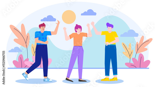 Three cartoon characters in a field, suitable for children's book illustrations, social media posts, and educational materials featuring cute characters.