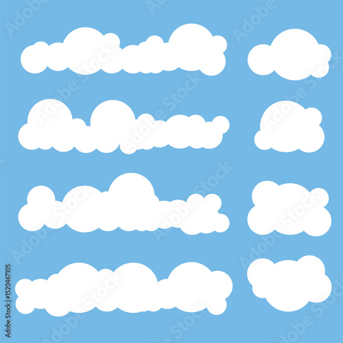 Flat cloud. Simple cloudy shapes. Cartoon white puffy, fluffy and cumulus clouds in blue sky. Abstract comic weather elements. 