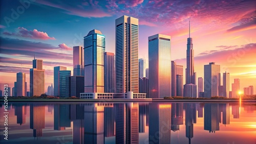 Pastel-colored cityscape with a sleek skyscraper at sunset