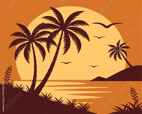 Vector illustration depicting a warm sunset over the ocean with palm trees and flying birds silhouettes.