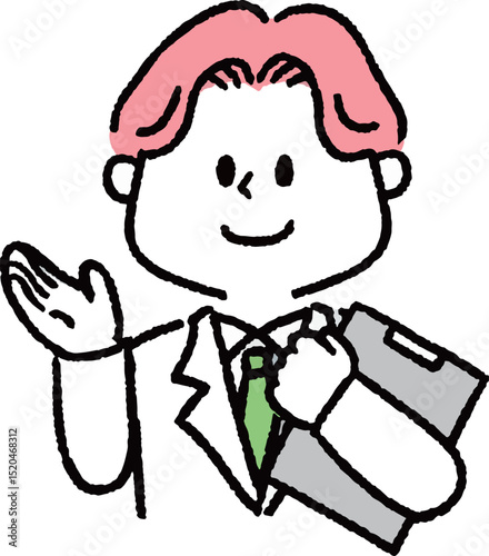 ファイルを持って説明している白衣を着た男性
