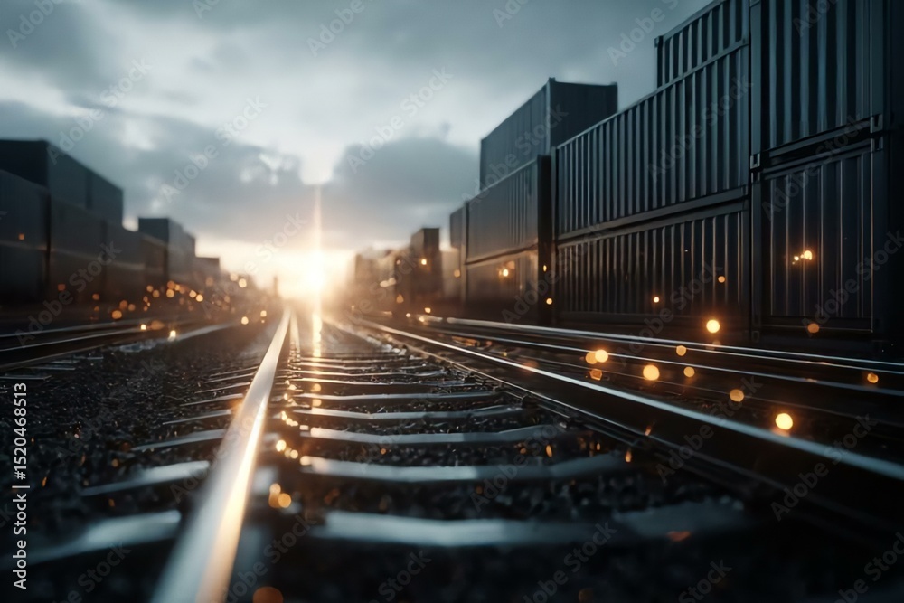 Fototapeta premium Train Tracks Leading into the Sunset with Shipping Containers View