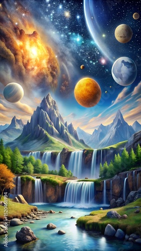 Water flows from mountain peak into cosmic horizon stars and planets shining ideal for creative branding mobile ads and sport features laralara for creating ads news