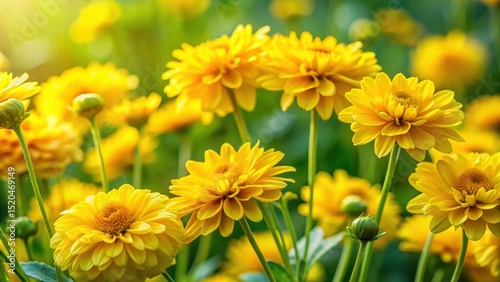 Bright yellow flowers with delicate petals unfolding in full bloom on a green stem