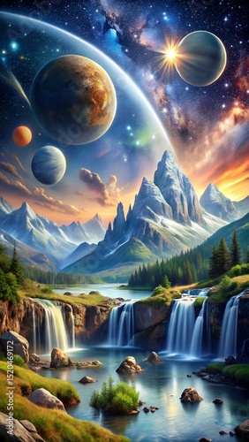 A waterfall flows through mountain peaks under cosmic skies glowing planets and stars perfect for business ads phone wallpapers or sports features laralara for creating ads news