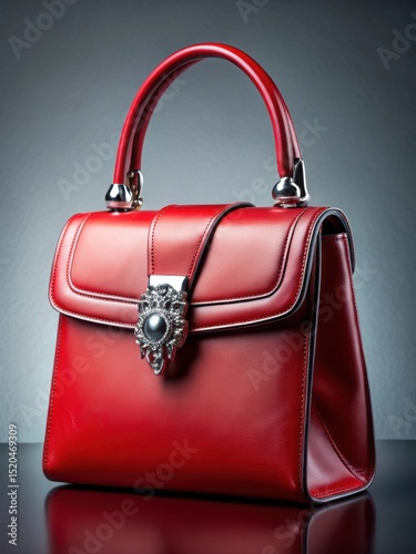 A luxurious red leather handbag with a elegant silver clasp and intricate design details