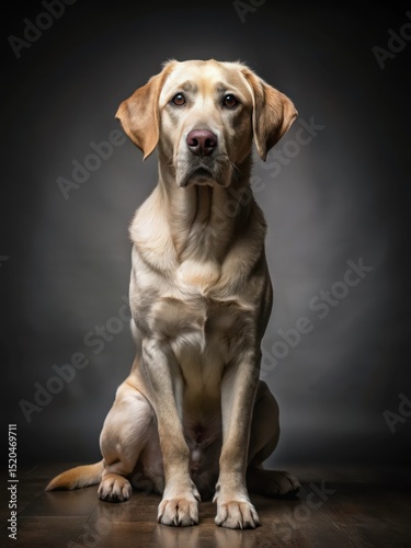 Labrador sitting on dark grey background with paws stretched out in front
