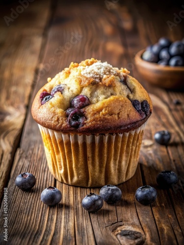 Freshly baked blueberry muffin with a crumbly top and fluffy interior on a rustic wooden table