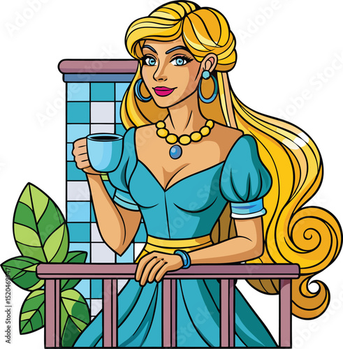Elegant Luxury Fashion Woman Sipping Coffee Line Art Vector