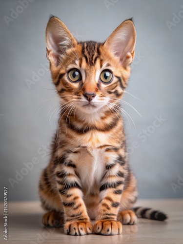 Bengal kitten sitting calmly with big round eyes looking at the camera with a hint of curiosity and soft whiskers
