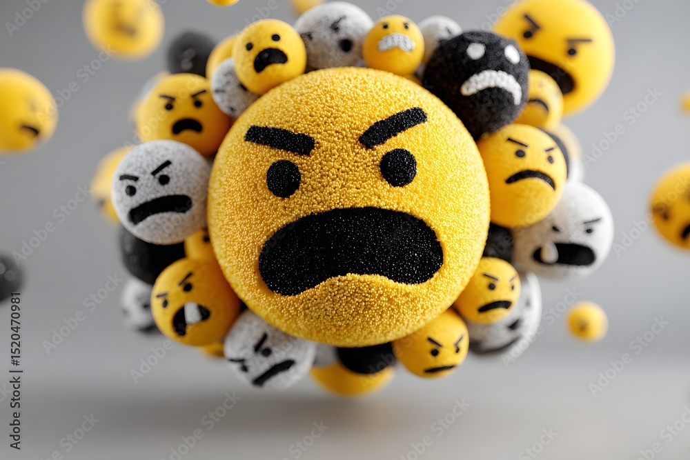 Obraz premium A cluster of yellow and black emojis with various expressions floating in the air, prominently featuring an angry face emoji at the center.