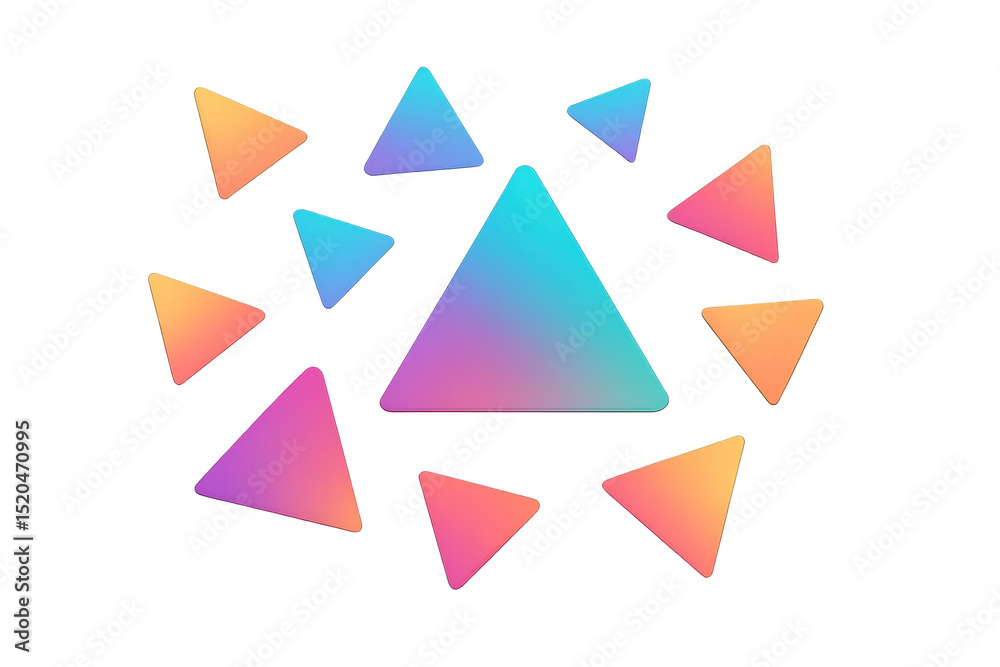Multicolored triangular shapes floating freely, generating dynamic visual movement against transparent backdrop Multicolored triangular shapes floating freely, generating dynamic visual movement against transparent backdrop