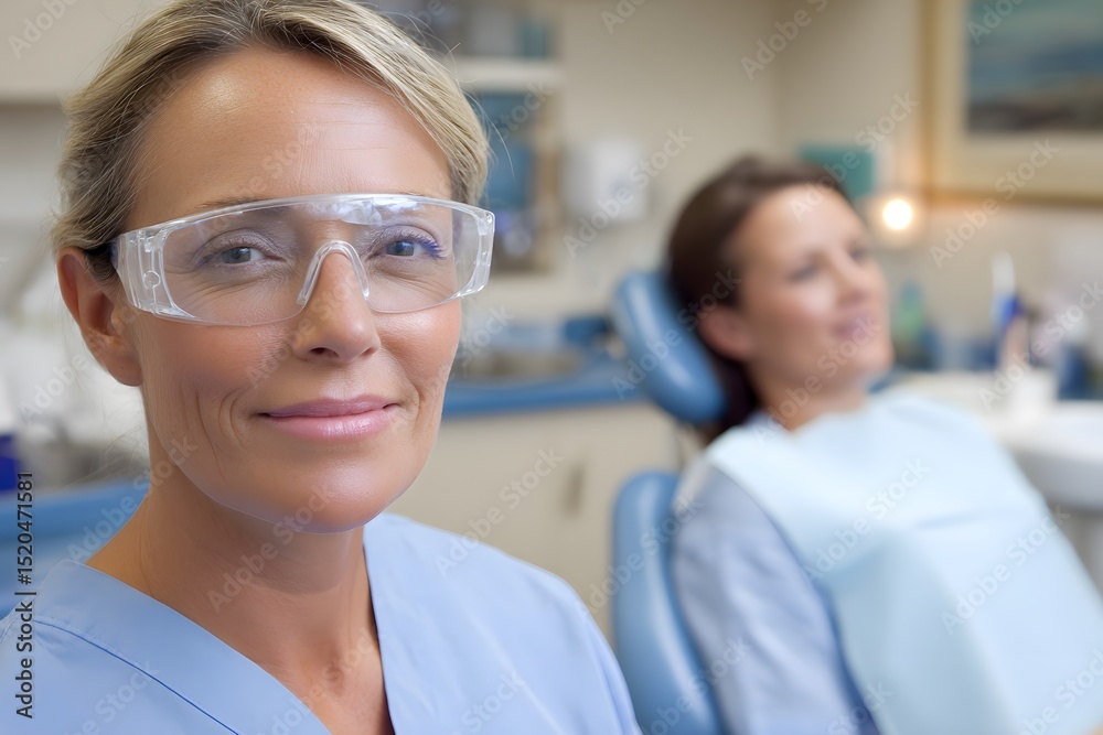 Fototapeta premium Female dentist wearing protective eyewear smiling at camera in a dental office with patient in the background
