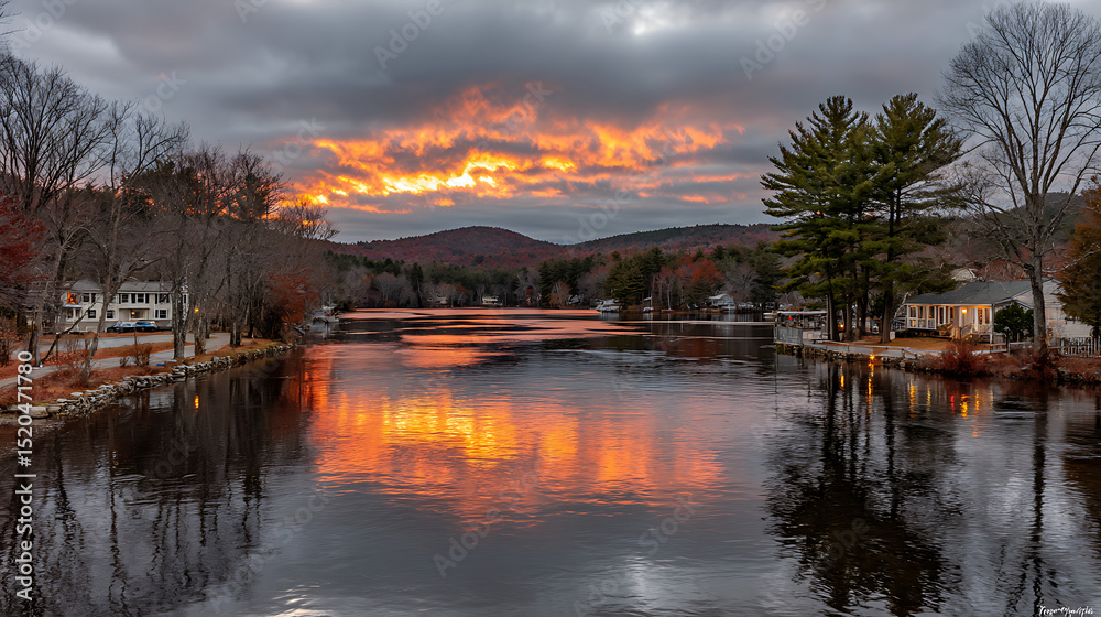 Obraz premium A beautiful sunset over a river with houses in the background