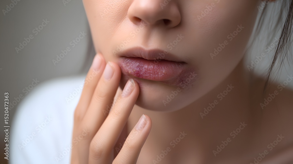 Obraz premium A close-up image of a person touching their lips, which appear to be affected by dryness or chapping.