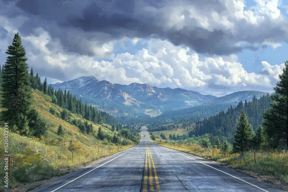 Fototapeta premium Stunning Mountain Road Landscape with Dramatic Sky. Explore Idyllic Rural Scenery and Natural Beauty