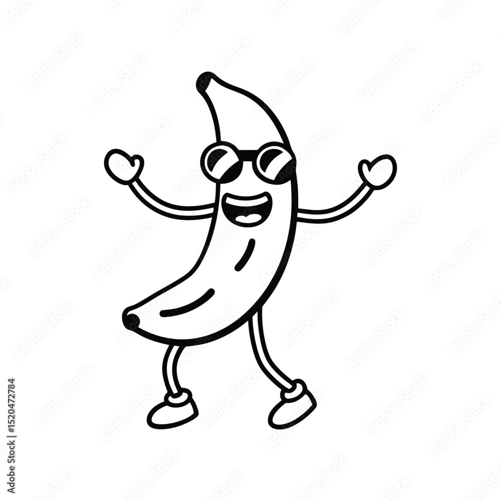 Fototapeta premium funny cartoon banana vector art character with sunglasses dancing isolated on white background.