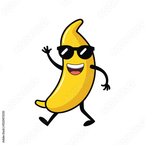 funny cartoon banana vector art character with sunglasses dancing isolated on white background.