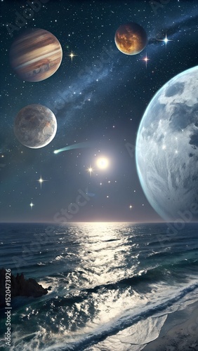 Futuristic sea view blends with galaxy sky stars and planets shining bright ideal for branding promotions and mobile phone designs laralara for creating ads news